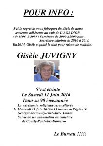 POUR INFO Créator-- Décès de Mme Gisèle JUVIGNY du Samedi 11 JUIN 2016.